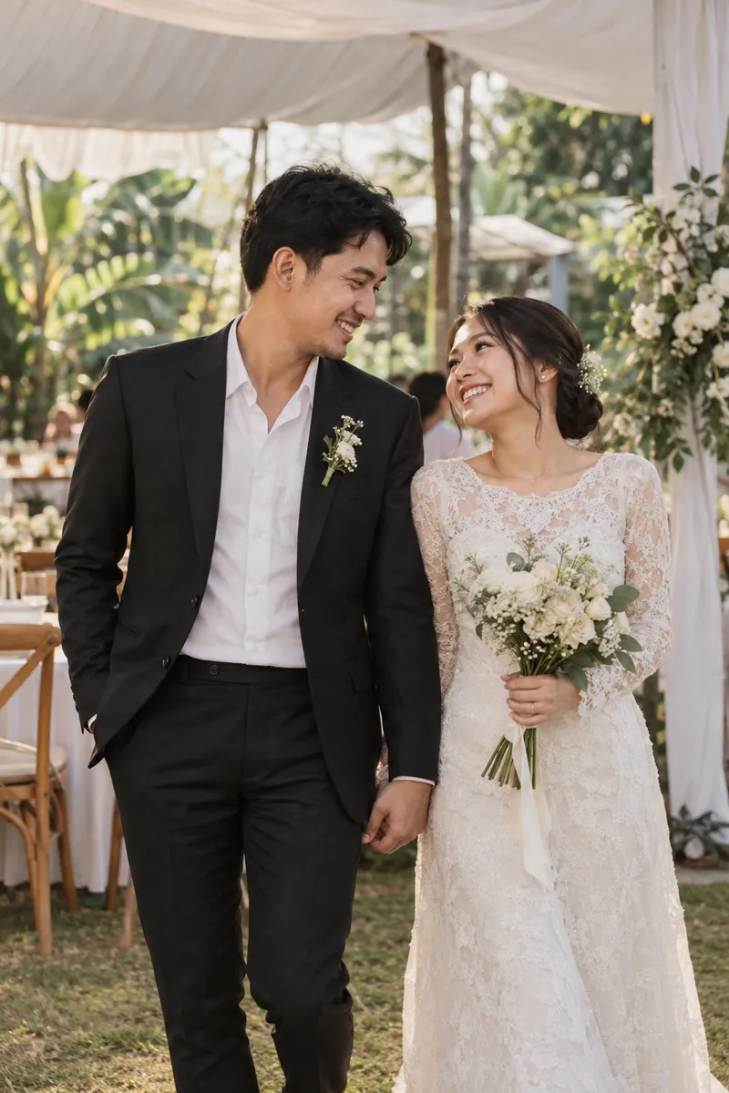 Pasangan pengantin di resepsi taman sederhana